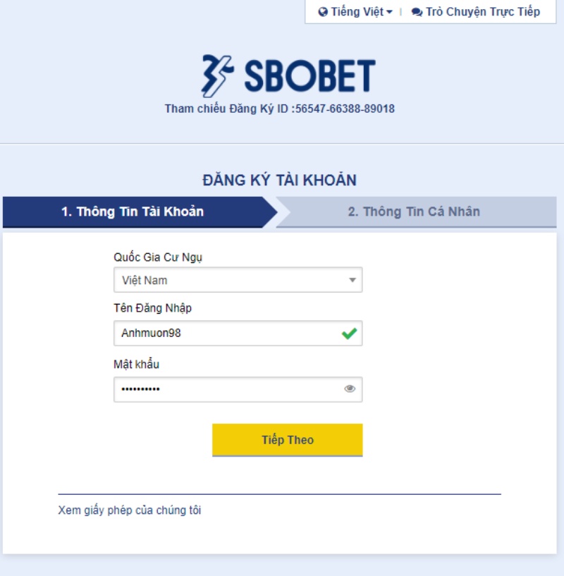 Biểu mẫu tạo tài khoản đăng nhập vào Sbobet